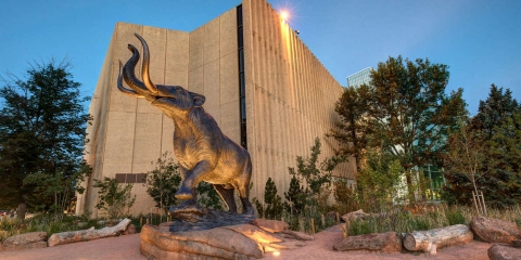 Denver Museum of Nature and Science entrance with bronze mastodon